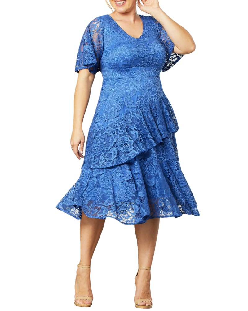 Front of a model wearing a size 3X Lace Affair Cocktail Dress in BLUE MOON by Kiyonna. | dia_product_style_image_id:272174